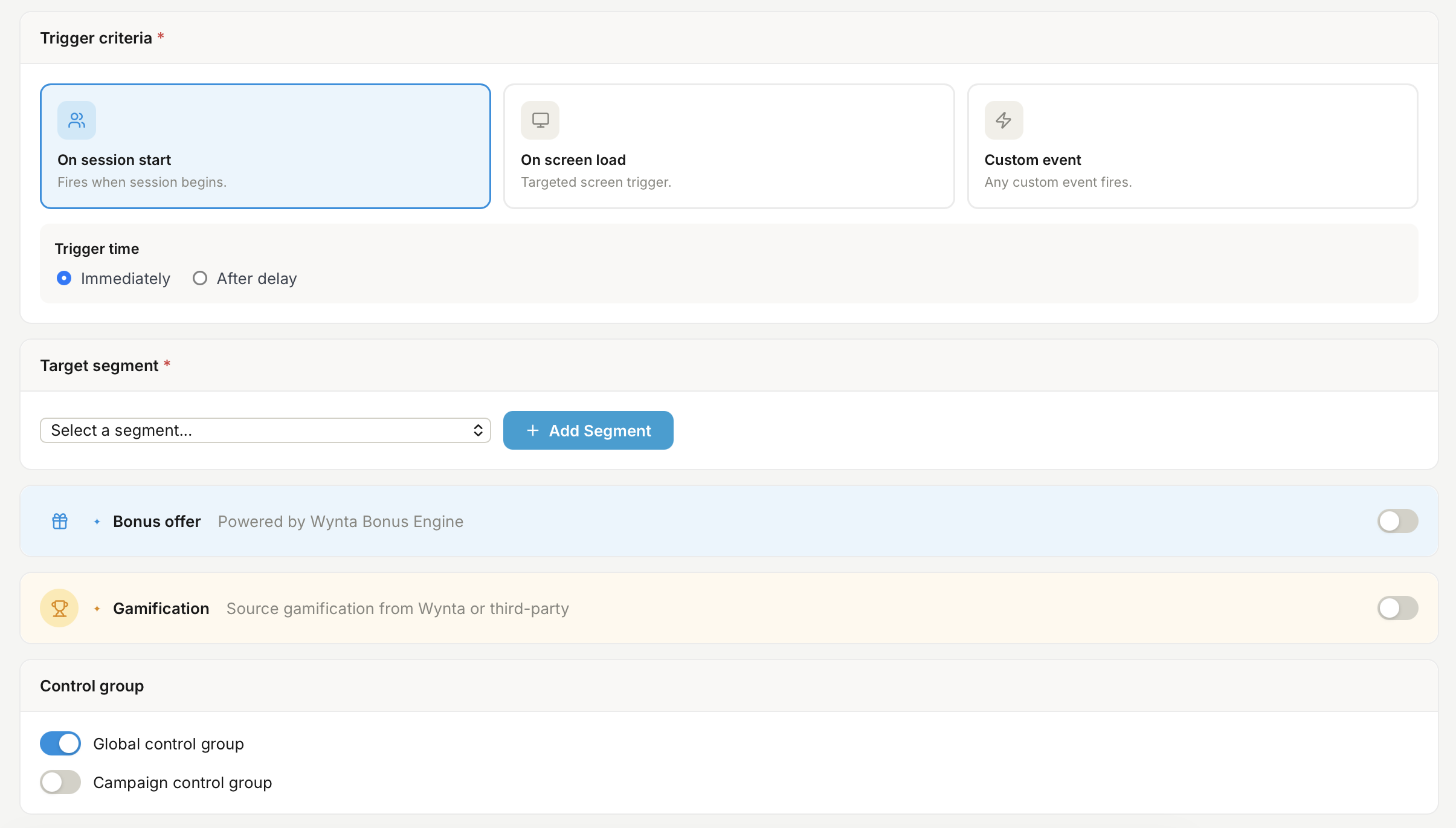 Bonus Engine trigger builder — Bonus offer and Gamification steps side by side