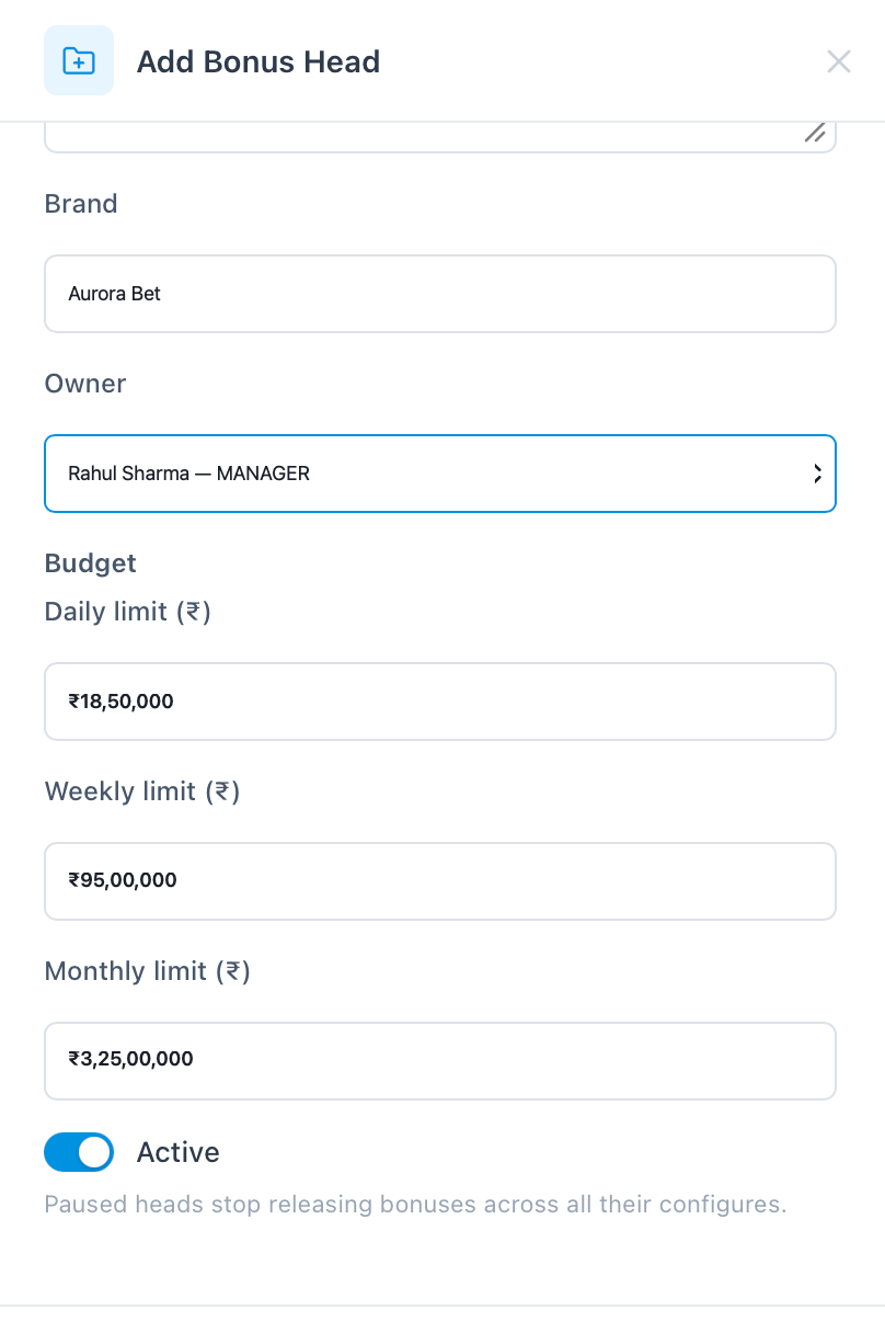 Add Bonus Head form with daily, weekly and monthly limits